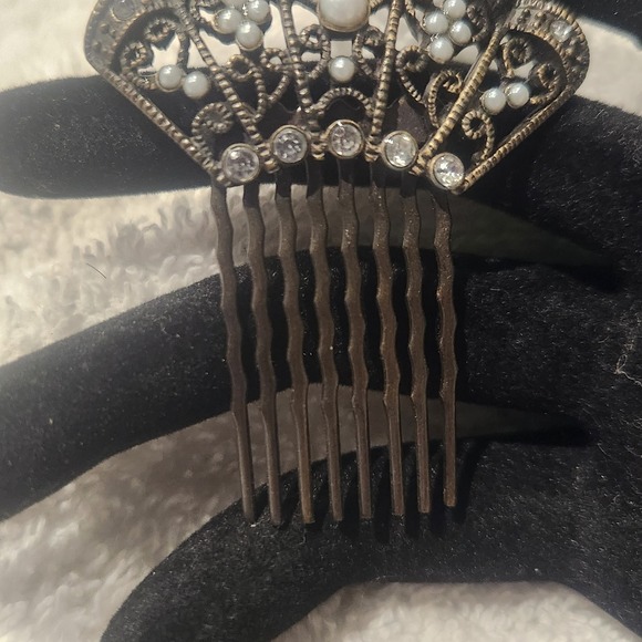 Vintage Style Filigree Hair Comb Antique Bronze Faux Pearl Rhinestone Art Deco - Picture 6 of 13